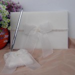 Wedding Guest Messages Book - White Bow & Lace Trim & Pearl Cluster +Silver Pen & Holder